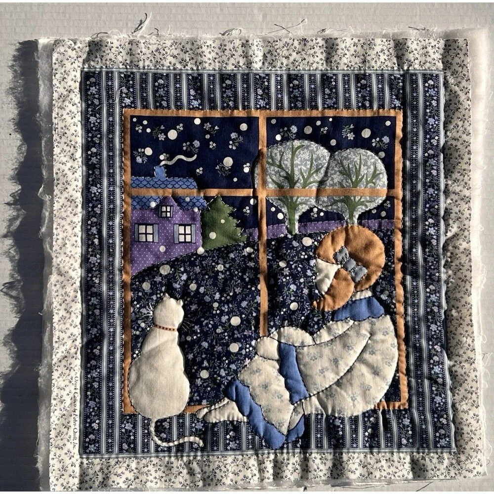 Vintage Handmade Applique Quilt Block Girl Cat Window Scene 15” Ozark Calico